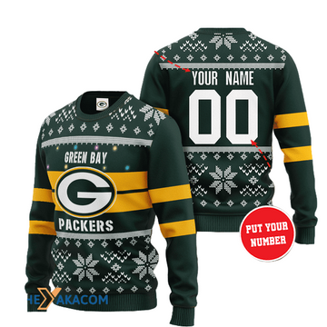 Personalized Ugly Christmas Sweater Green-Bay-Packers, Go Pack Go Yellow/Dark Green Custom Name And Number Gift For Football Fan Ugly Xmas Jumper