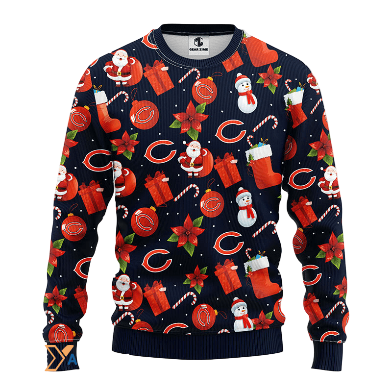 Ugly Christmas Sweater Chicago-Bears, Santa Claus Snowman Blue/Black