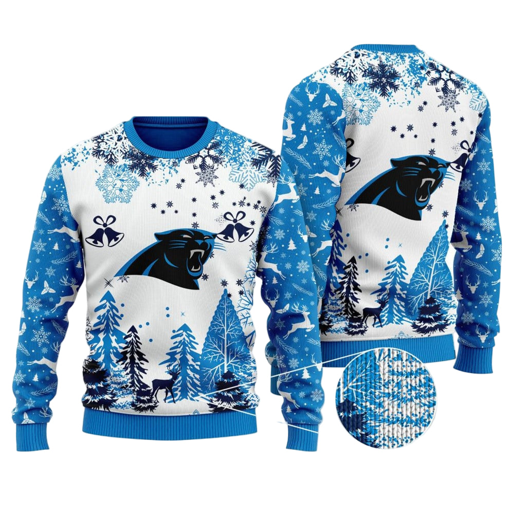 Ugly Christmas Sweater Carolina-Panthers, Keep Pounding Grinch Christmas Snowflakes Pine Tree White Navy