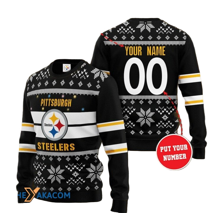 Personalized Ugly Christmas Sweater Pittsburgh, Steel Curtain Black/White/Yellow Custom Name And Number Gift For Football Fan Ugly Xmas Jumper