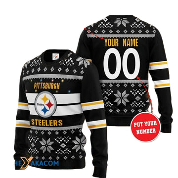 Personalized Ugly Christmas Sweater Pittsburgh, Steel Curtain Black/White/Yellow Custom Name And Number Gift For Football Fan Ugly Xmas Jumper