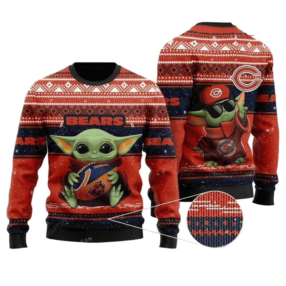 Ugly Christmas Sweater Chicago-Bears, Baby Yoda Orange/White/Blue
