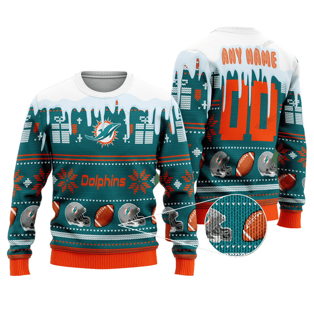 Personalized Ugly Christmas Sweater Miamidolphins, Go Fins Green/White/Orange Custom Name And Number Gift For Football Fan Ugly Xmas Jumper