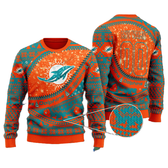 Personalized Ugly Christmas Sweater Miamidolphins, Go Fins Green/Orange Custom Name And Number Gift For Football Fan Ugly Xmas Jumper