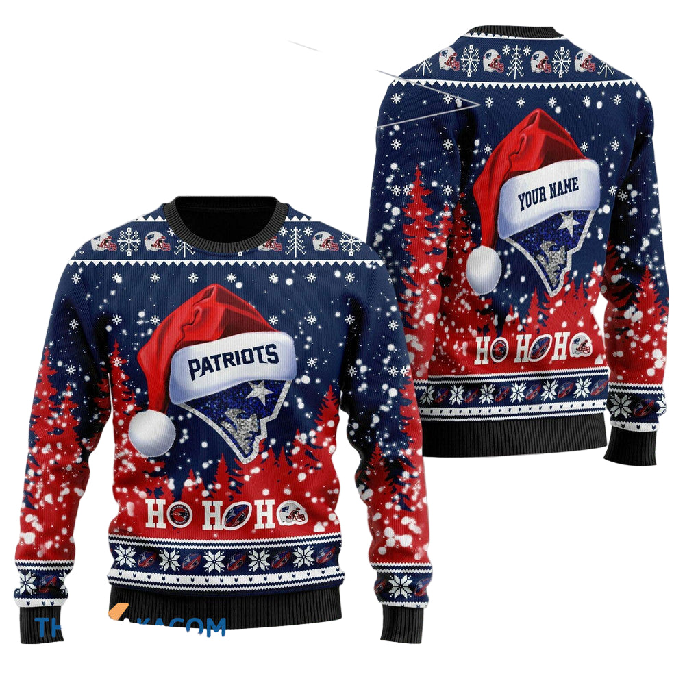 Personalized Ugly Christmas Sweater New-England-Patriots, Go PATS! Blue/Red Custom Name Gift For Football Fan Ugly Xmas Jumper