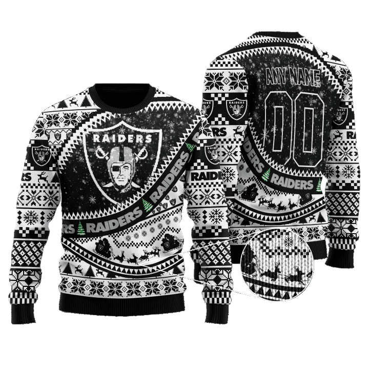 Personalized Ugly Christmas Sweater Las-Vegas, Las-Vegas Nation Black/White Custom Name And Number Gift For Football Fan Ugly Xmas Jumper