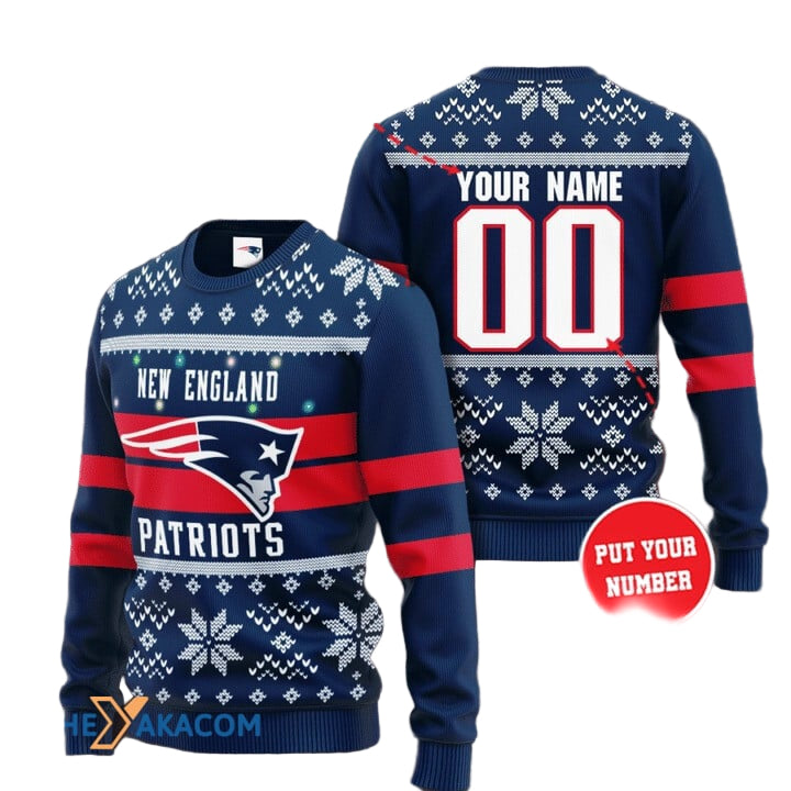 Personalized Ugly Christmas Sweater New-England-Patriots, Go-PATS-Patriots Red/Blue Custom Name And Number Gift For Football Fan Ugly Xmas Jumper