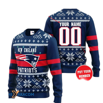 Personalized Ugly Christmas Sweater New-England-Patriots, Go-PATS-Patriots Red/Blue Custom Name And Number Gift For Football Fan Ugly Xmas Jumper