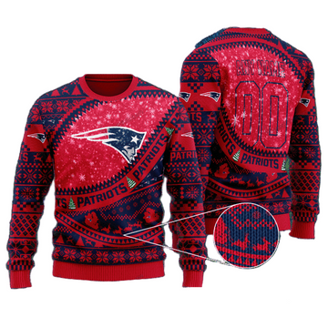 Personalized Ugly Christmas Sweater New-England-Patriots, Go-PATS-Patriots Dark Blue/Red Custom Name And Number Gift For Football Fan Ugly Xmas Jumper