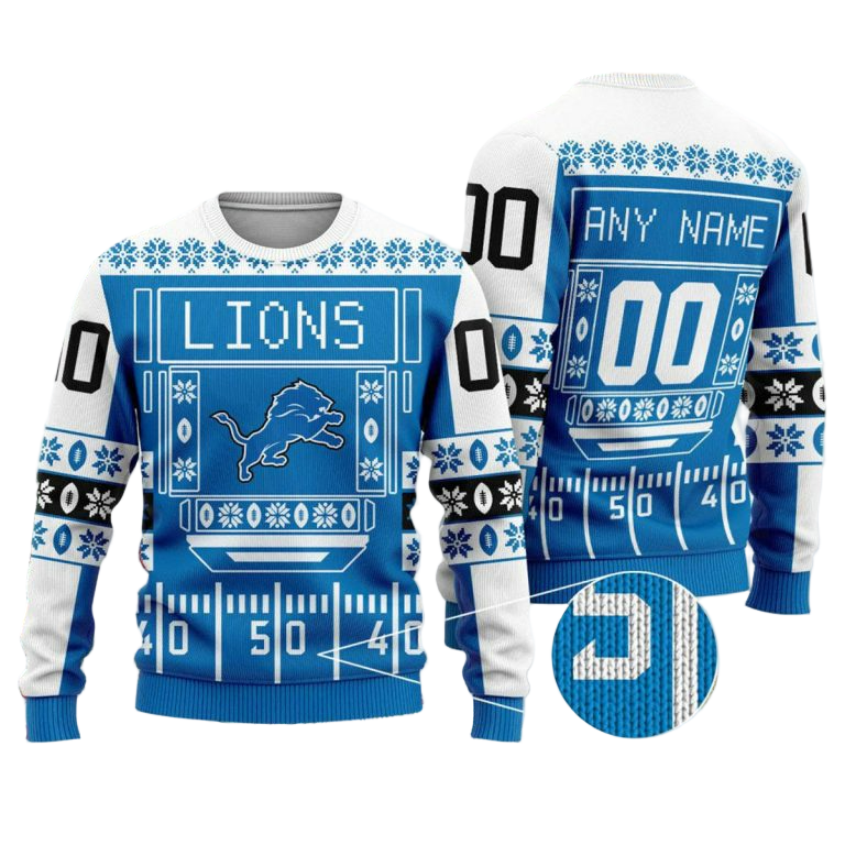 Personalized Ugly Christmas Sweater Detroit-Lions, One Pride Blue/White Custom Name And Number Gift For Football Fan Ugly Xmas Jumper