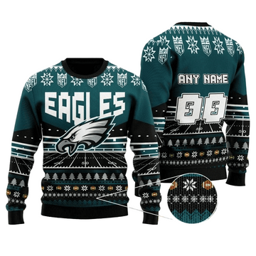 Personalized Ugly Christmas Sweater Philadelphia-Eagles, Fly Eagles Fly Dark Green/Black Custom Name And Number Gift For Football Fan Ugly Xmas Jumper