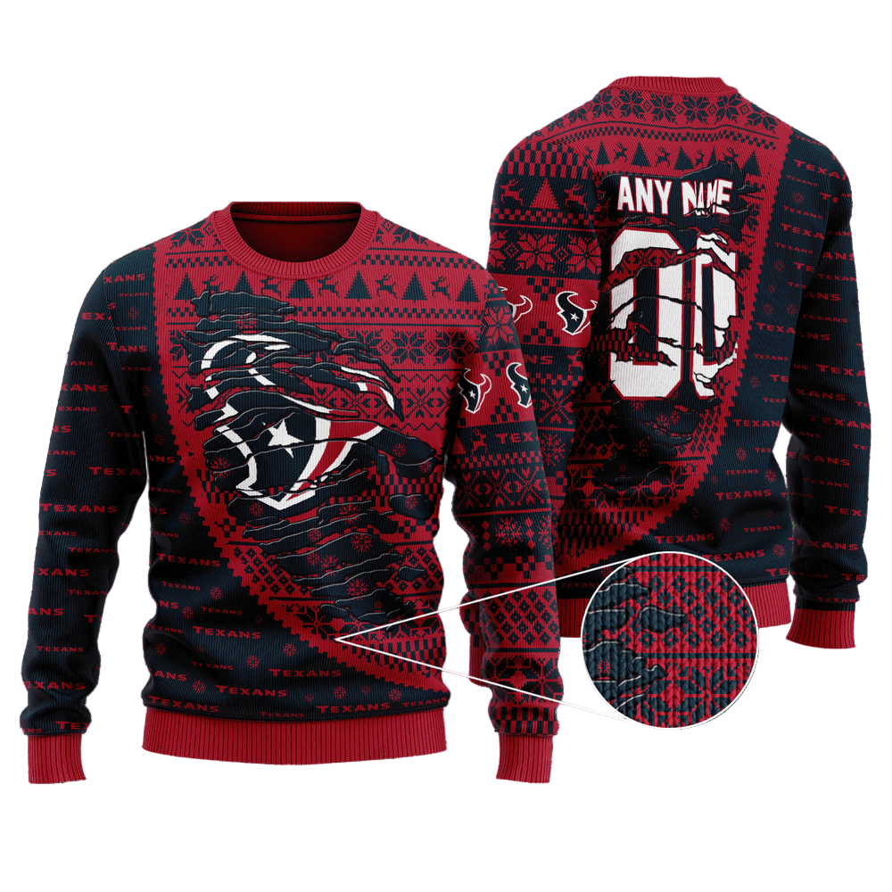 Personalized Ugly Christmas Sweater Houston-Texans, H-Town Red/Black Custom Name And Number Gift For Football Fan Ugly Xmas Jumper