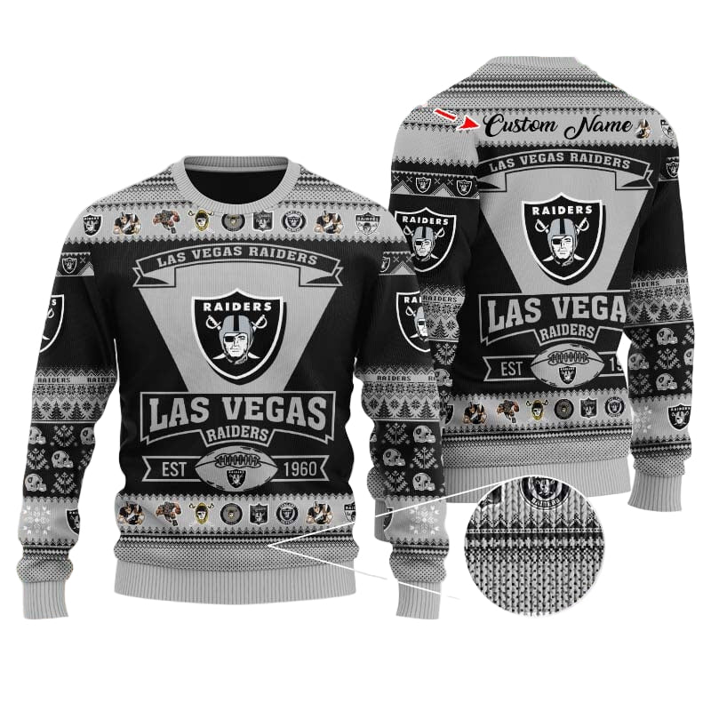 Personalized Ugly Christmas Sweater Las-Vegas, Raider Nation Grey/Black Custom Name Gift For Football Fan Ugly Xmas Jumper