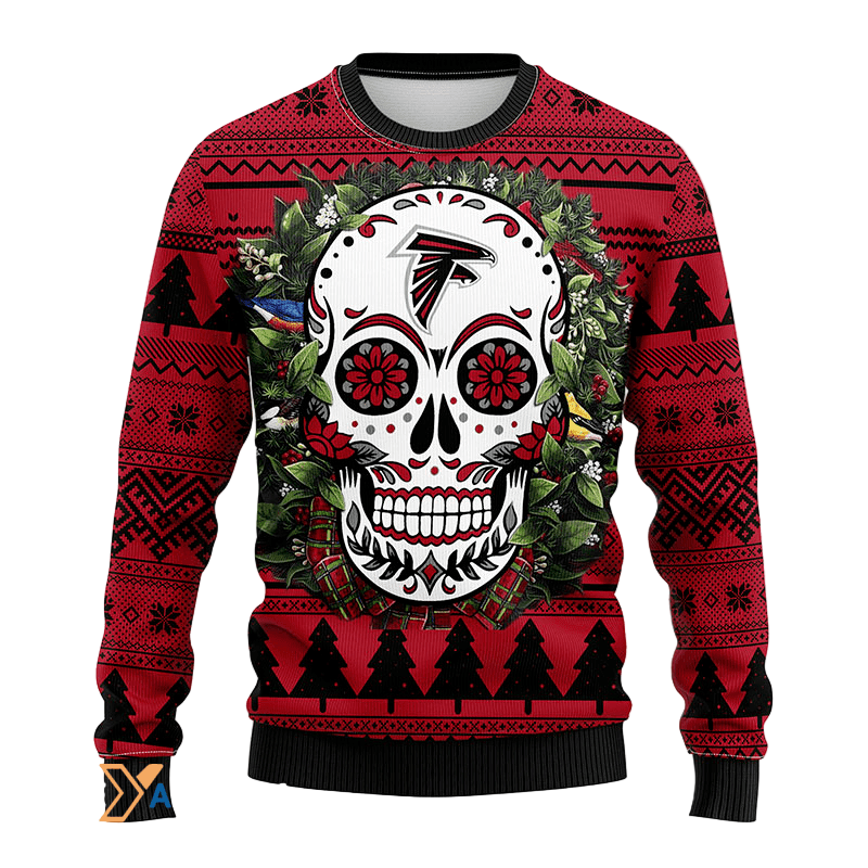 Ugly Christmas Sweater Atlanta-Falcons, Skull Flower Black/Red