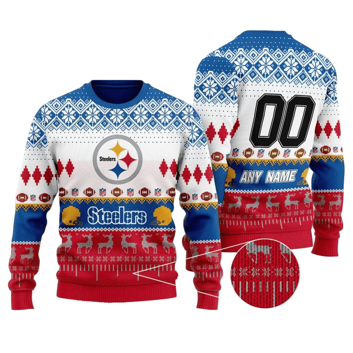 Personalized Ugly Christmas Sweater Pittsburgh, Steel Curtain Blue/White/Red Custom Name And Number Gift For Football Fan Ugly Xmas Jumper