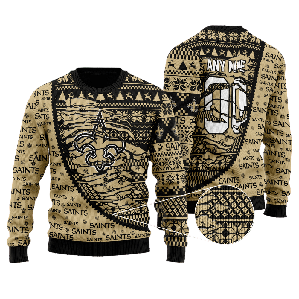 Personalized Ugly Christmas Sweater New-Orleans-Saints, Go Saints! Black/Beige Custom Name And Number Gift For Football Fan Ugly Xmas Jumper