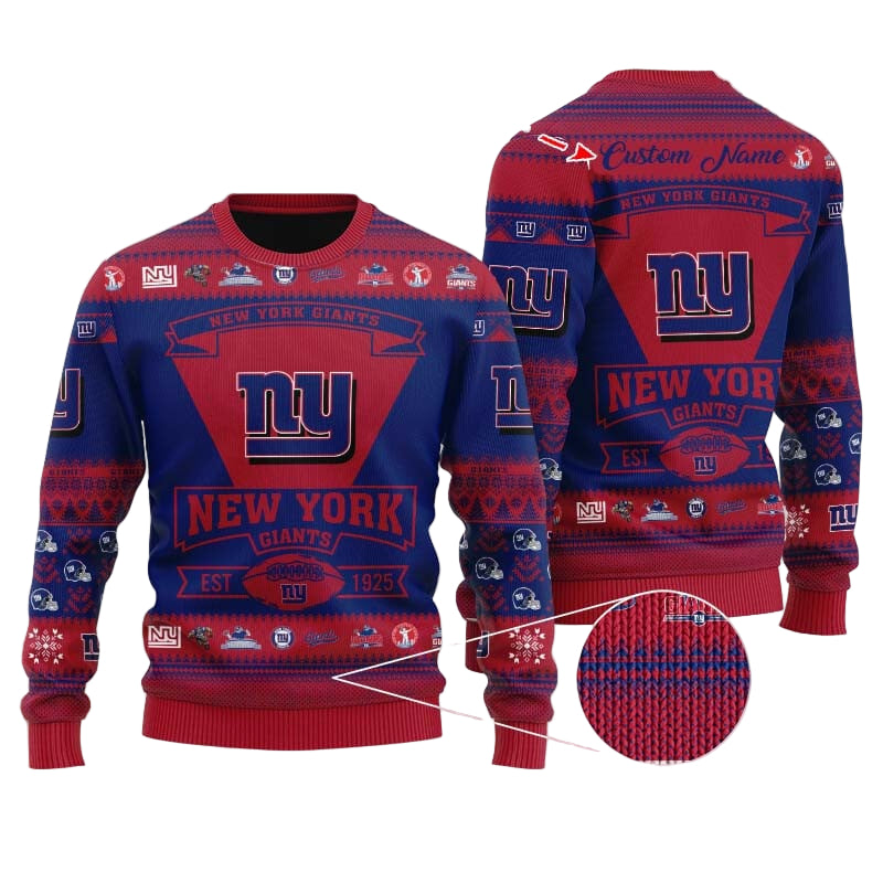 Personalized Ugly Christmas Sweater New-York-Giants, G-Men Blue/Red Custom Name Gift For Football Fan Ugly Xmas Jumper
