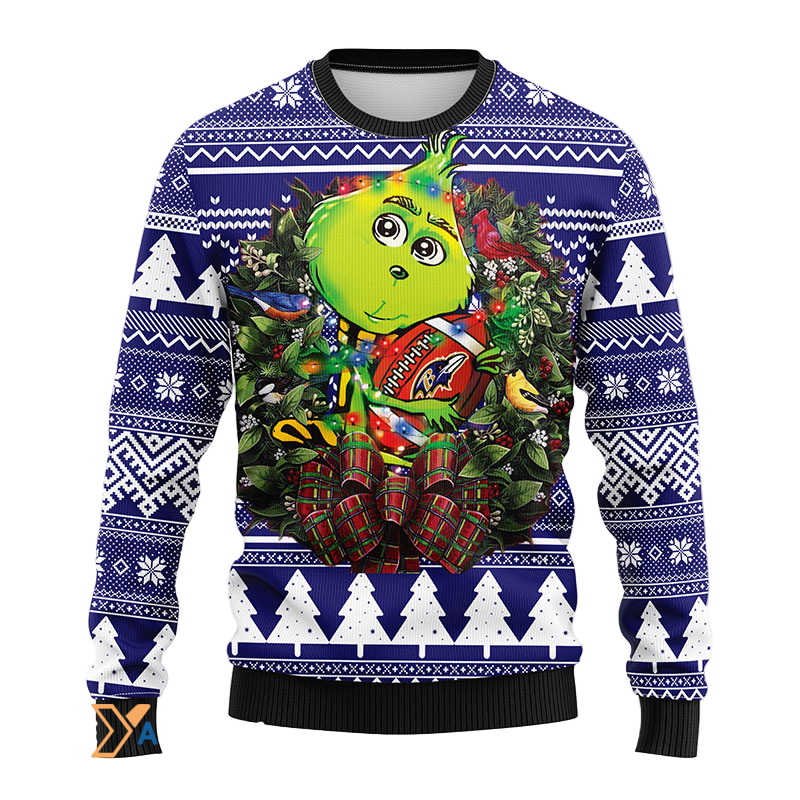 Ugly Christmas Sweater Baltimore-Ravens, Grinch Blue/White