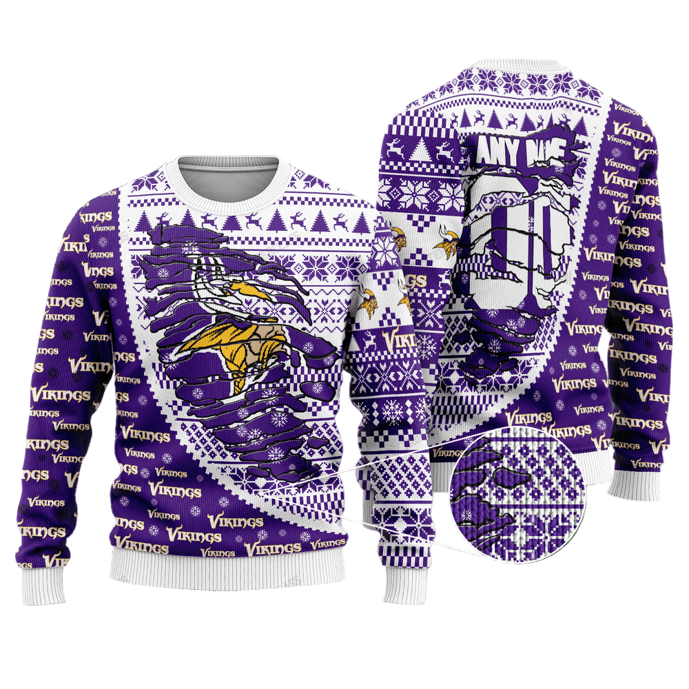 Personalized Ugly Christmas Sweater Minnesota, Go Vikes Violet/White Custom Name And Number Gift For Football Fan Ugly Xmas Jumper