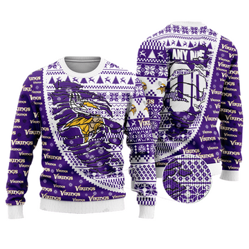 Personalized Ugly Christmas Sweater Minnesota, Go Vikes Violet/White Custom Name And Number Gift For Football Fan Ugly Xmas Jumper