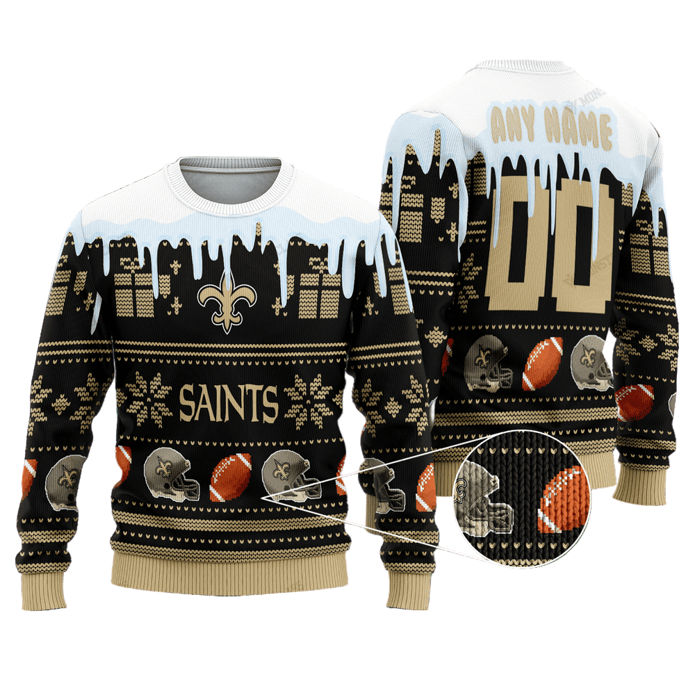 Personalized Ugly Christmas Sweater New-Orleans-Saints, Go Saints! Black/White/Beige Custom Name And Number Gift For Football Fan Ugly Xmas Jumper