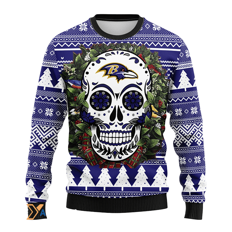 Ugly Christmas Sweater Baltimore-Ravens, Skull Flower Blue/White