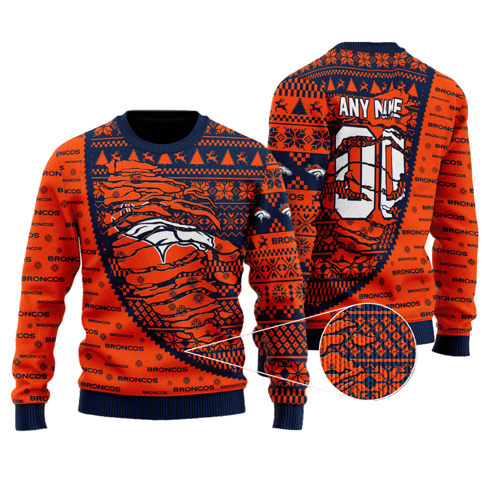Personalized Ugly Christmas Sweater Denver-Broncos, United In Orange Blue/Orange Custom Name And Number Gift For Football Fan Ugly Xmas Jumper