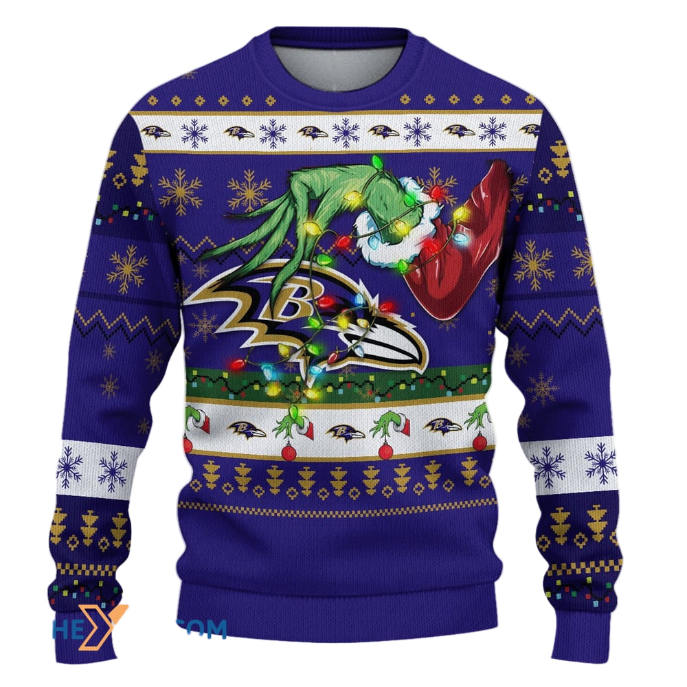 Ugly Christmas Sweater Baltimore-Ravens, Go Baltimore-Ravens Grinch Christmas Snowflakes Navy