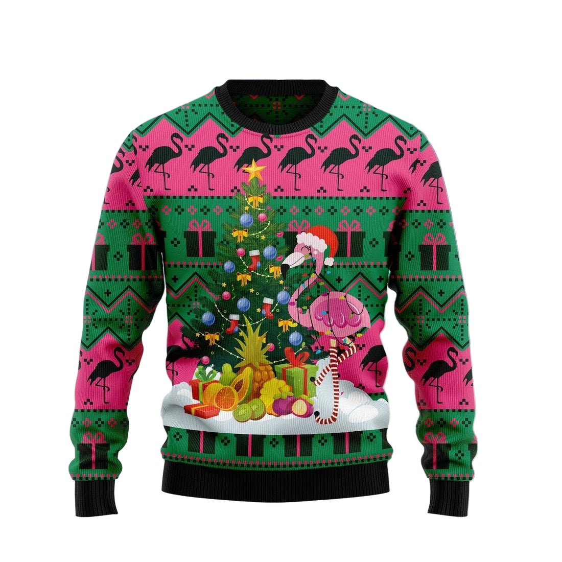 Pink Flamingo With Colorful Light And Pine Tree Gift For Christmas Ugly Christmas Sweater