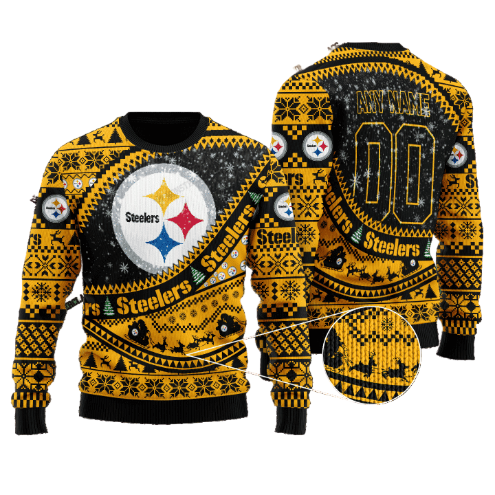 Personalized Ugly Christmas Sweater Pittsburgh, Steel Curtain Yellow/Black Custom Name And Number Gift For Football Fan Ugly Xmas Jumper
