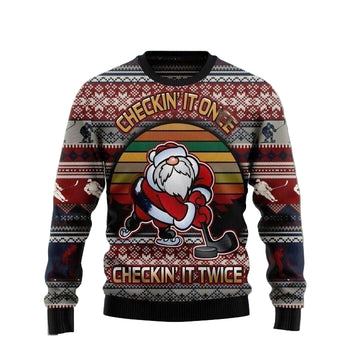 Santa Claus Playing Hockey Checkin' It Once Checkin' It Twice Gift For Christmas Ugly Christmas Sweater