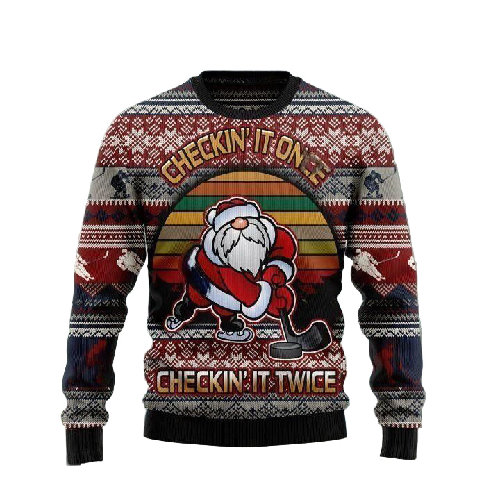 Santa Claus Playing Hockey Checkin' It Once Checkin' It Twice Gift For Christmas Ugly Christmas Sweater