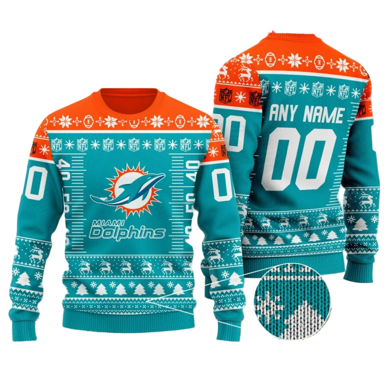 Personalized Ugly Christmas Sweater Miamidolphins, Go Fins Dark Green/Orange Any Name Number Gift For Football Fan Ugly Xmas Jumper