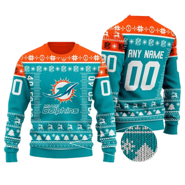 Personalized Ugly Christmas Sweater Miamidolphins, Go Fins Dark Green/Orange Any Name Number Gift For Football Fan Ugly Xmas Jumper