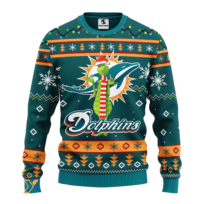 Ugly Christmas Sweater Miamidolphins, Grinch Green/Orange