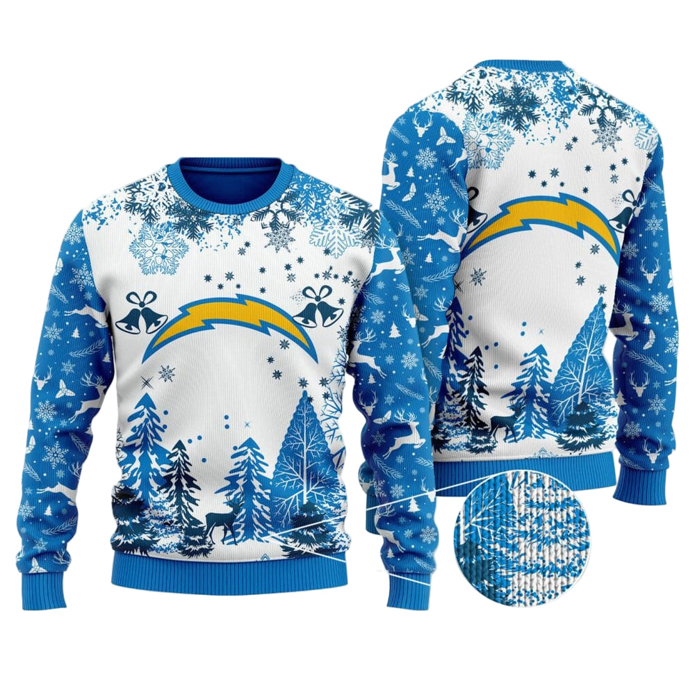 Ugly Christmas Sweater Los-Angeles Chargers, Go Los-Angeles Chargers Grinch Christmas Snowflakes Pine Tree White Navy