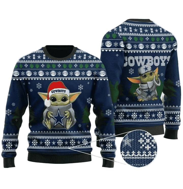 Ugly Christmas Sweater Dallas-Cowboys, Baby Yoda Green/Blue/White