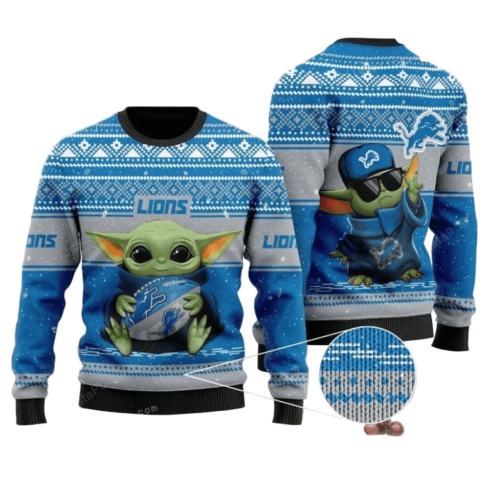 Ugly Christmas Sweater Detroit-Lions, Baby Yoda Orange/White/Blue