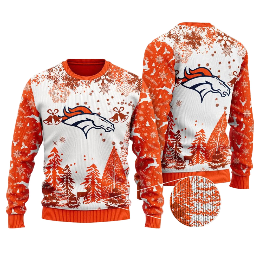 Ugly Christmas Sweater Denver-Broncos, United In Orange Grinch Christmas Snowflakes Pine Tree White Orange