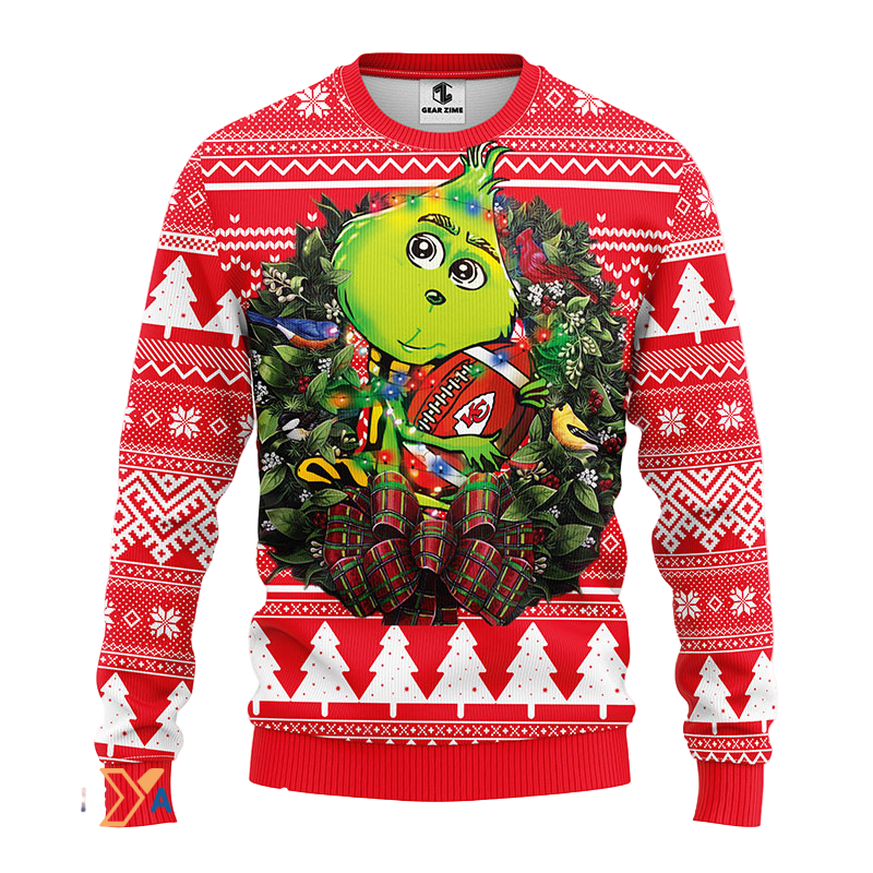 Ugly Christmas Sweater KCChiefs, Grinch White/Red