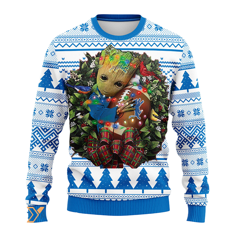 Ugly Christmas Sweater Detroit-Lions, Graphic Tree Blue/White