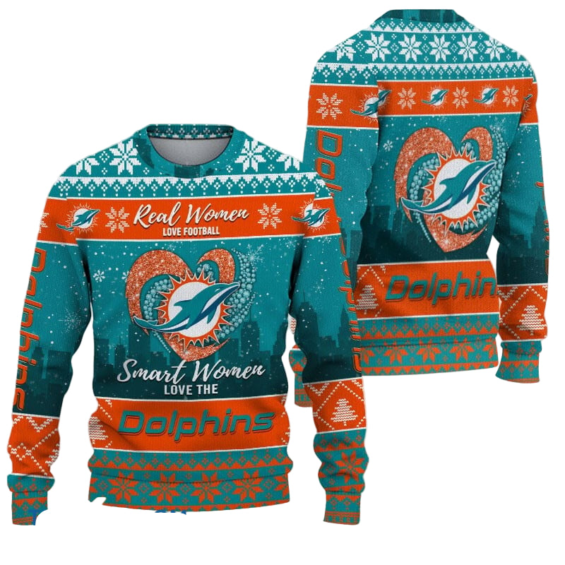 Ugly Christmas Sweater Miamidolphins, Grinch Christmas Miamidolphins In Heart Snowflakes City Shadow Aqua Orange