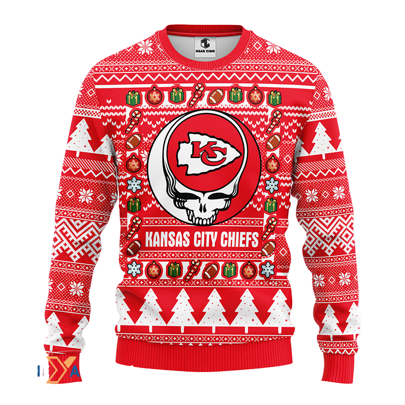 Ugly Christmas Sweater KCChiefs, Skull White/Red