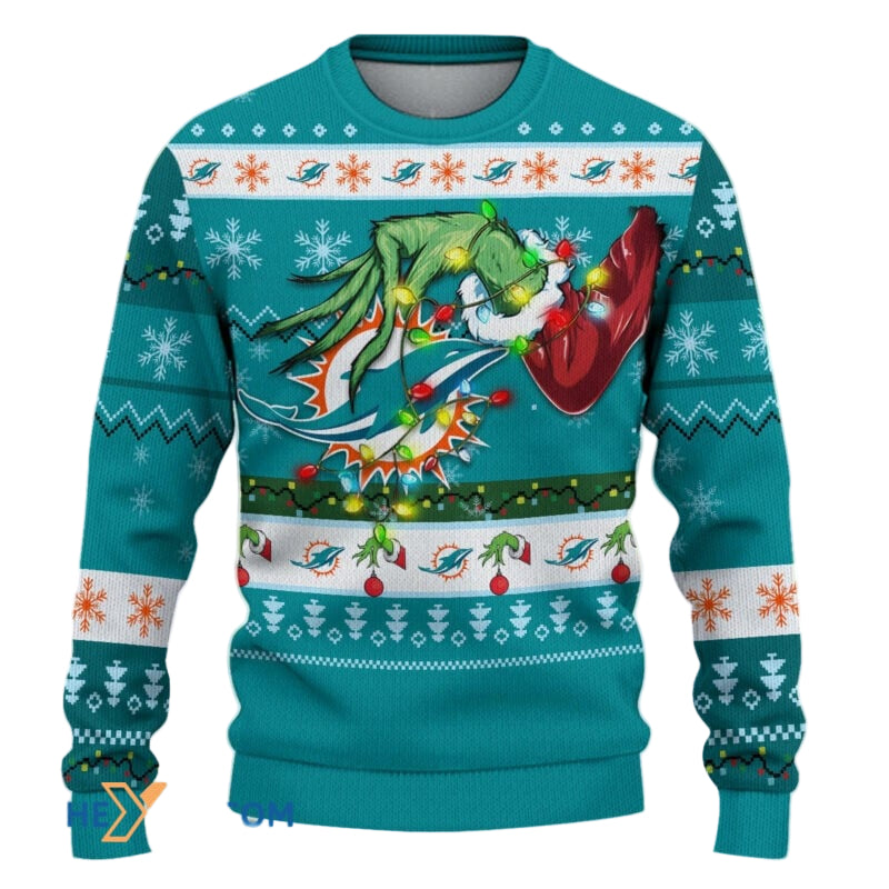 Ugly Christmas Sweater Miamidolphins, Miamidolphins Up Grinch Christmas Snowflakes Aqua