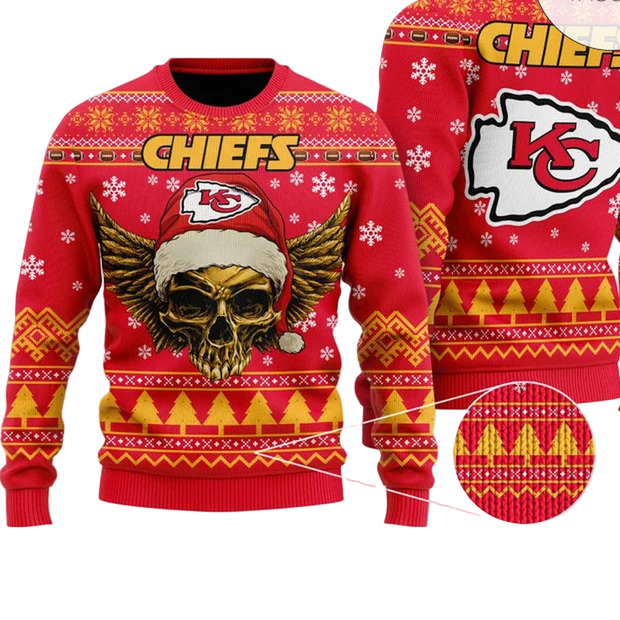 Ugly Christmas Sweater KCChiefs, Skull Red/Yellow