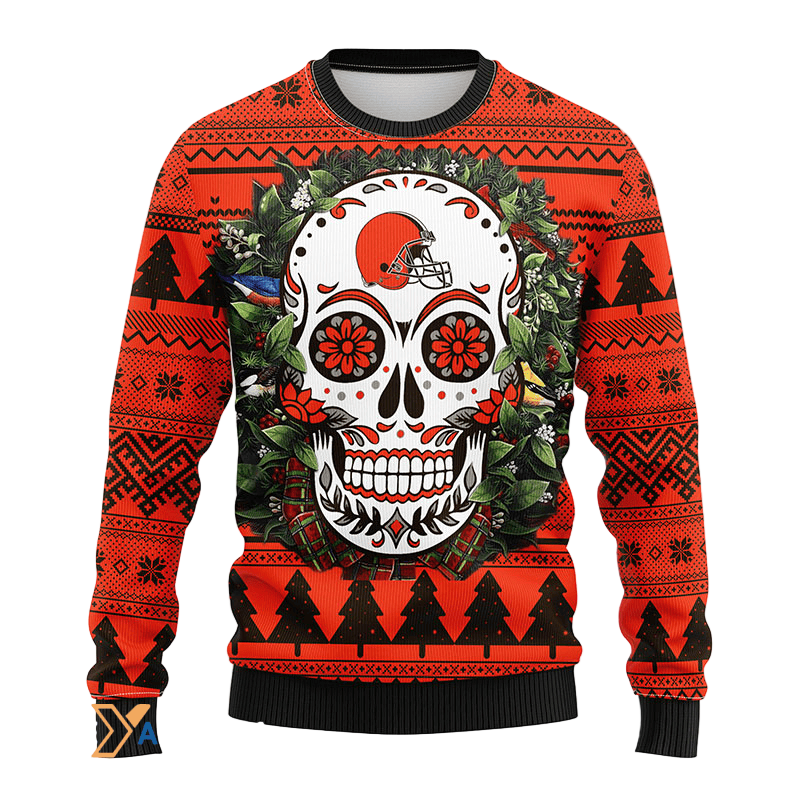 Ugly Christmas Sweater Cleveland-Browns, Skull Flower Brown/Orange
