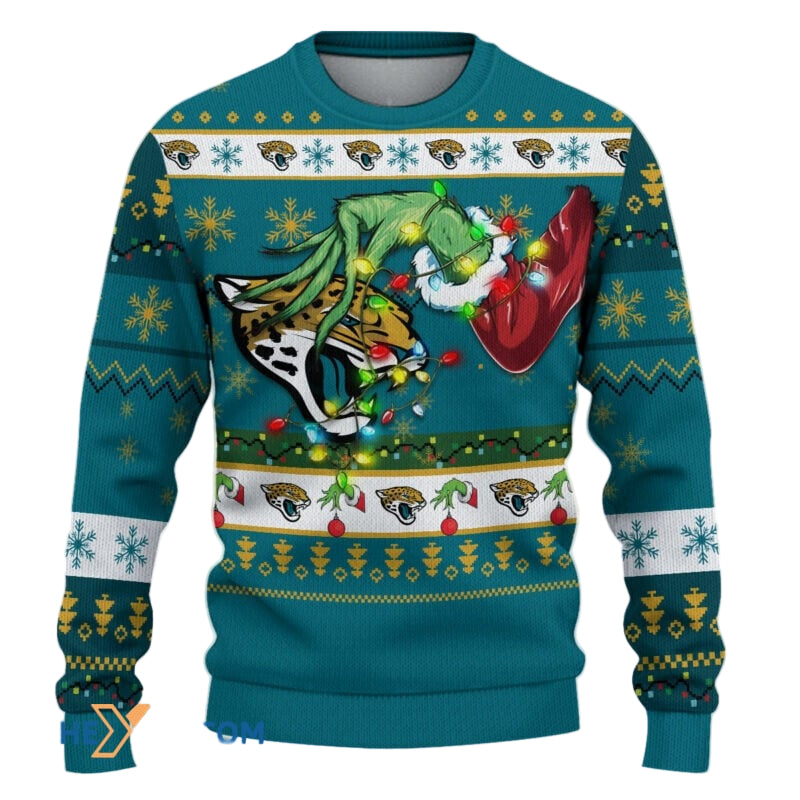Ugly Christmas Sweater Jacksonville-Jaguars, Go Jacksonville-Jaguars Grinch Christmas Snowflakes Teal