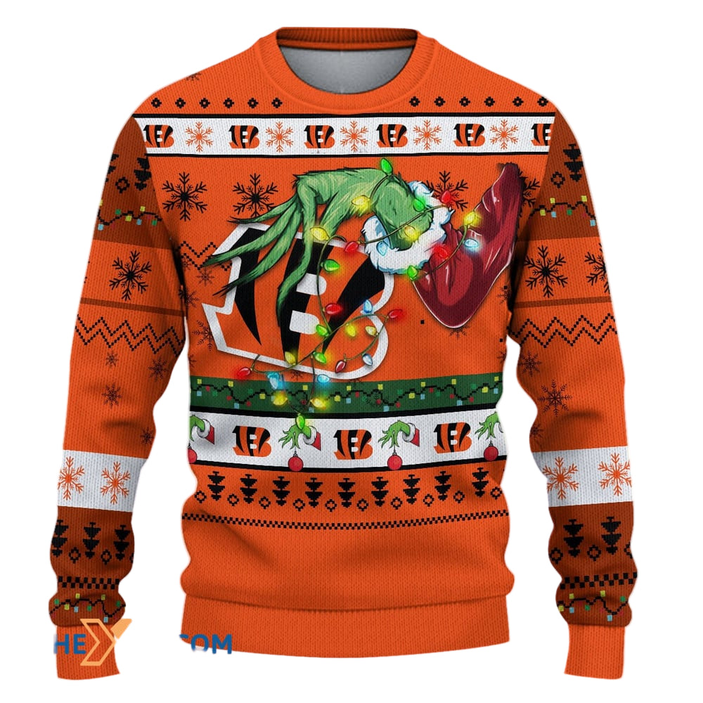 Ugly Christmas Sweater Cincinnati, Go Cincinnati Grinch Christmas Snowflakes Orange