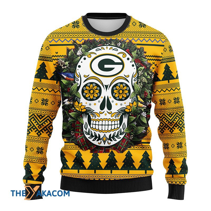 Ugly Christmas Sweater Green-Bay-Packers, Skull Flower Green/Yellow