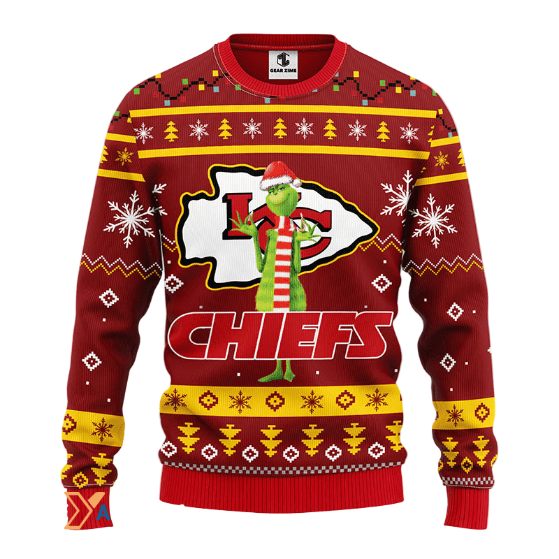 Ugly Christmas Sweater KCChiefs, Grinch Yellow/Red